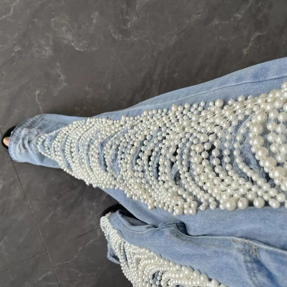 Pearl and  Rhinestone Ripped Jeans - Picture 3 of 7